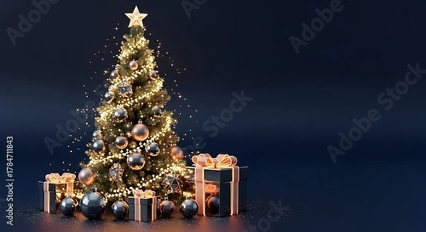 Fototapeta Elegant Christmas tree adorned with sparkling golden lights and ornaments, surrounded by festive gift boxes on a dark background.