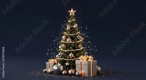 Fototapeta Sparkling Christmas tree adorned with golden ornaments, twinkling lights, a star, and festive presents.