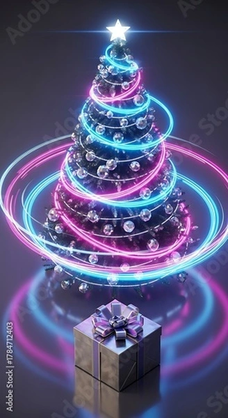 Fototapeta A vibrant Christmas tree illuminated with glowing pink and blue neon lights, silver ornaments, and a star, with a festive gift box below.