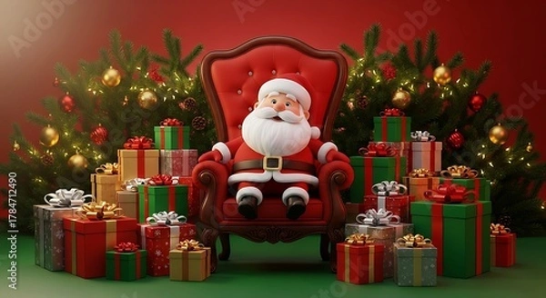 Fototapeta Santa Claus sits comfortably in a red armchair surrounded by numerous festive Christmas presents and decorated trees.