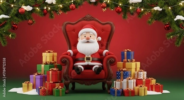 Fototapeta A cheerful 3D Santa Claus sits on a grand red chair surrounded by numerous colorful Christmas gifts under festive garland.
