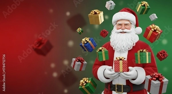 Fototapeta Jolly Santa Claus holding a festive gift with many colorful presents floating around him against a vibrant red and green background.