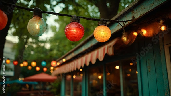 Obraz Guinguette avec guirlandes lumineuses