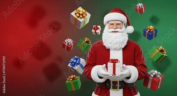Fototapeta Santa Claus smiling and holding a small Christmas gift with many colorful presents floating around him on a festive red and green background.