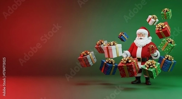 Fototapeta 3D Santa Claus figure happily distributing a flurry of colorful Christmas presents against a vibrant red and green background.