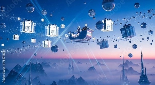 Fototapeta A magical sleigh flying through a luminous twilight sky, surrounded by glowing gifts and spheres above misty, futuristic peaks.
