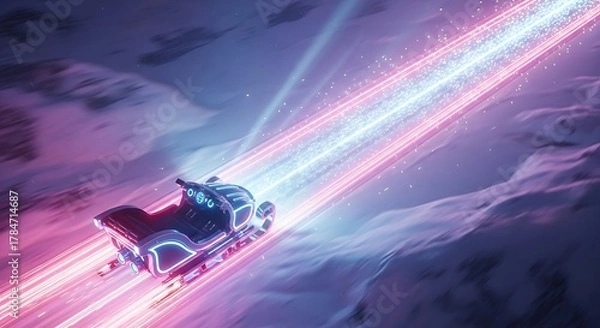 Fototapeta Sleek futuristic sleigh with vibrant neon light trails races across a vast snowy terrain.