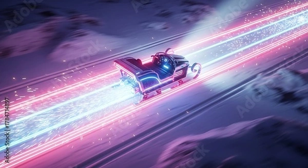 Fototapeta A futuristic high-speed sleigh with glowing neon light trails races across a vast snowy landscape.