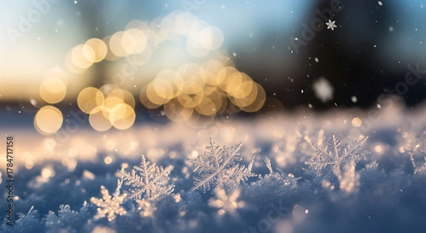 Obraz Winter Snowflakes with Warm Golden Bokeh Lights Background