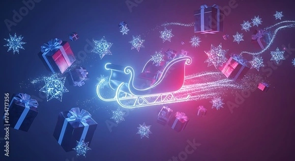 Fototapeta Vibrant neon Santa's sleigh with sparkling trail, surrounded by glowing gifts and snowflakes on a dark, festive background.