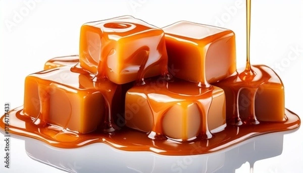 Obraz Isolated Caramel Cubes With Drizzling Sauce Isolated Without Background