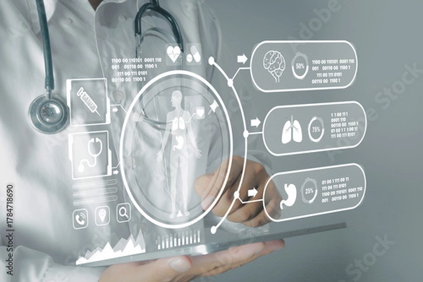 Obraz Doctor using a tablet with a futuristic UI to analyze patient's medical and wellness data. Concept of AI in healthcare, healthtech, and holistic health.,white background with copyspace.