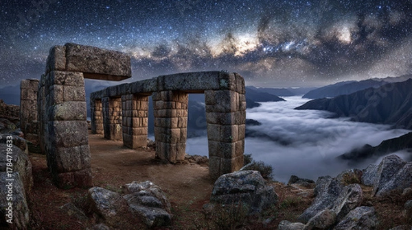 Fototapeta Ancient Inca Stone Observatory in the Andes with Starry Night Sky and Milky Way Alignment