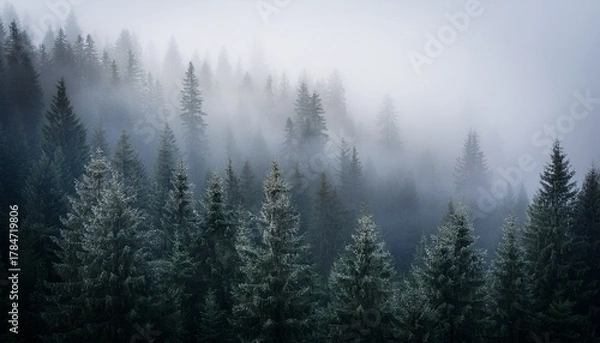 Fototapeta Mystic Very Foggy Pine Tree Forest Natural Background