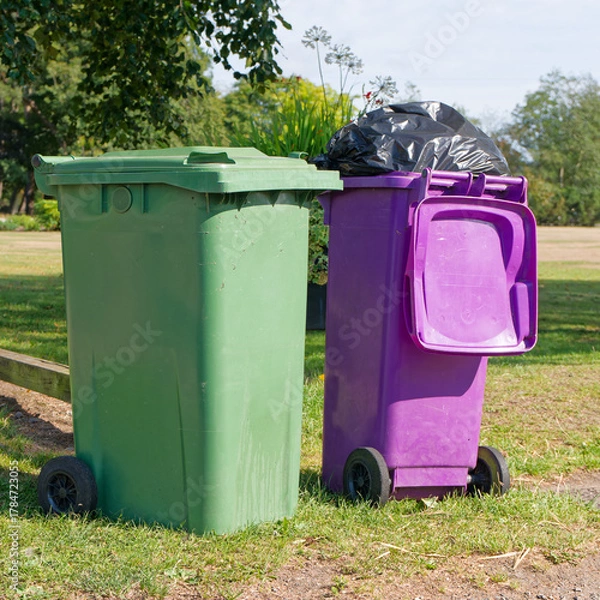 Fototapeta Wheelie bins in row for refuge collection outdoors