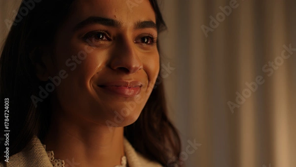 Obraz Close-up of a smiling woman with dark hair, wearing a light-colored jacket, looking towards the right.