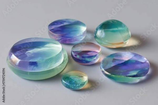 Fototapeta Several iridescent glass cabochons on a pale gray surface. Ideal for showcasing beauty, refraction, or gemstone concepts.