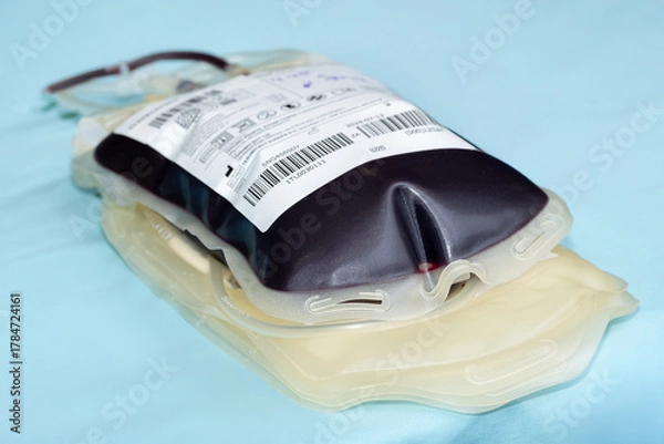Obraz Close up of a blood donation bag filled with human blood placed on a blue background, showing barcode and label details, representing healthcare, transfusion, and medical donation concepts.