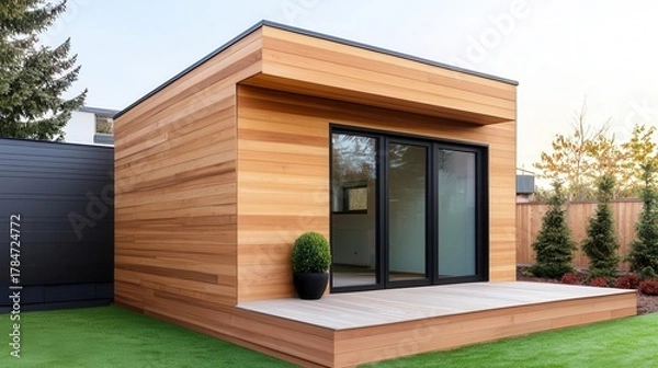 Obraz Elegant guest house exterior with light oak wood, minimalist horizontal lines, and glass doors opening to a deck