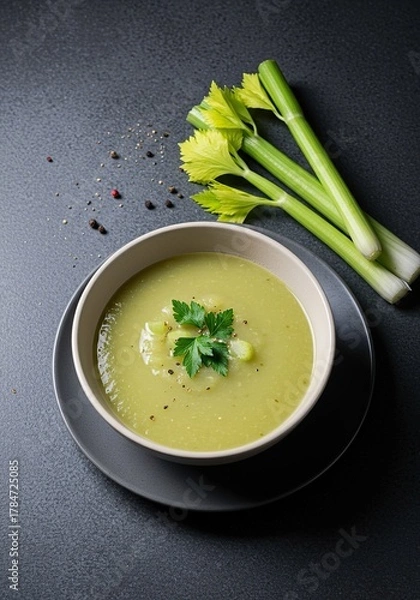 Fototapeta A comforting bowl of smooth, creamy celery soup, garnished with fresh herbs, offering a warm and nutritious meal option ,diet ,delicious ,fresh