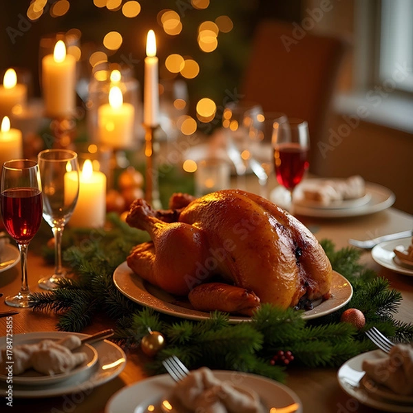 Fototapeta A roasted turkey sits on a holiday table, awaiting family and friends. Candles glow warmly in the background, creating a cozy ambiance.