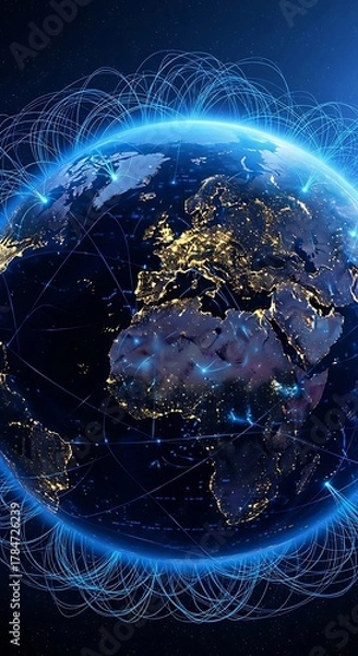 Fototapeta Global Network Connection on Planet Earth Seamless Communication Concept