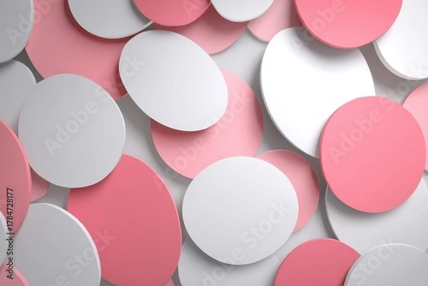 Fototapeta Scattered pink and white matte circles overlap on a grey background. Use for a modern, playful design, presentation, or social media post.