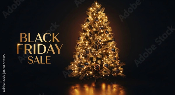 Obraz Festive Black Friday sale scene with a Christmas tree, ornaments, and glowing lights, ideal for holiday promotions.