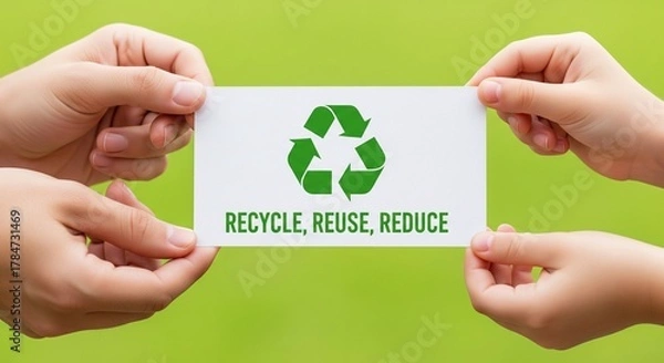 Fototapeta Hands Holding Recycle Symbol Card Promoting Sustainable Practices
