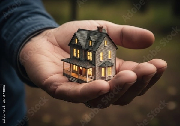 Fototapeta Tiny House Model in Hands Reflecting Care and Home Ownership