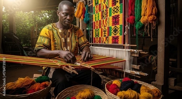 Fototapeta Skilled Artisan Weaving Traditional Fabric in Vibrant Colors