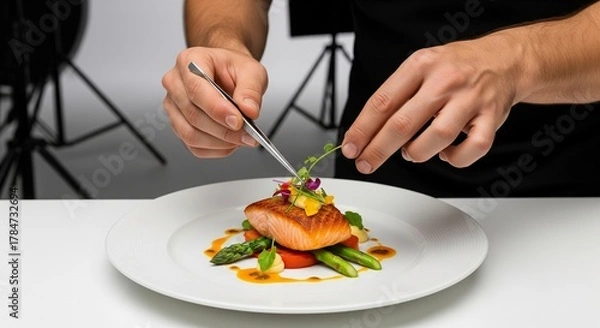 Fototapeta Skilled Chef Adding Finishing Touches to Gourmet Salmon Dish