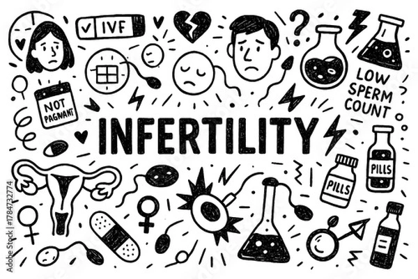 Fototapeta Infertility awareness doodle with sad couple, low sperm count, and reproductive system, Transparent Background