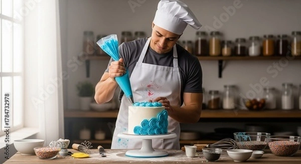 Fototapeta Expert Baker Decorating Cake with Blue Icing and Sprinkles