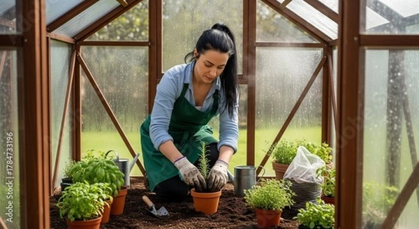 Fototapeta Woman Planting Herbs in Greenhouse, Indoor Gardening Activity