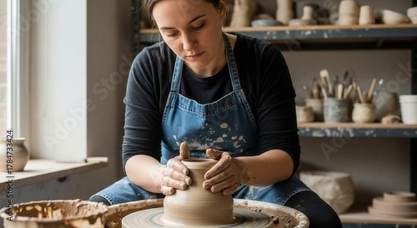 Fototapeta Woman Shaping Clay Pot on Potter's Wheel in Artistic Studio