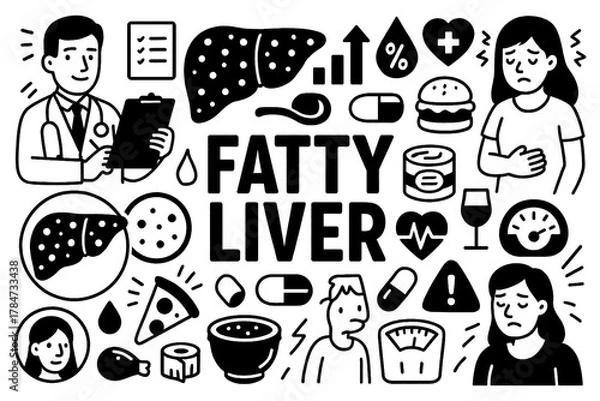 Obraz Fatty liver medical doodle icons with symptoms, doctor, and risk factors in hand-drawn style, Transparent Background