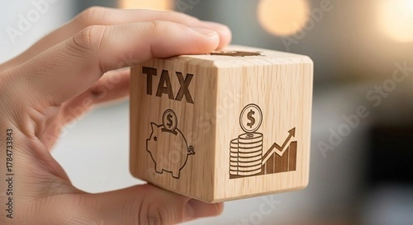 Fototapeta Wooden Tax Cube with Symbols of Savings, Growth, and Finance Icons