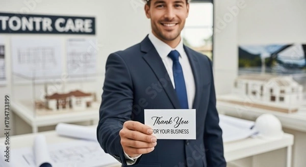 Fototapeta Professional Man Showing Business Card in Modern Office Environment