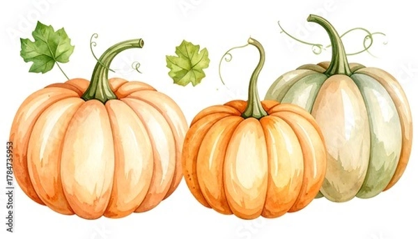 Fototapeta Three pumpkins in watercolor style, shades of orange and green, with leaf details, isolated on a white background
