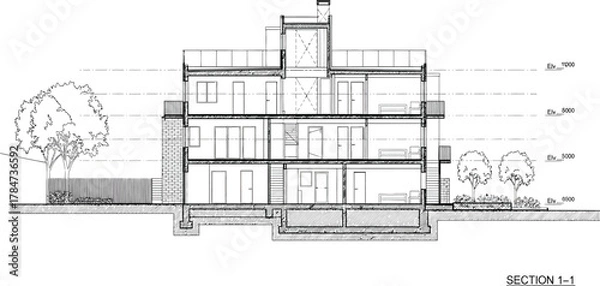 Fototapeta Architectural drawing of a modern multi story residential house section showing interior layout and exterior details
