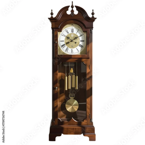 Fototapeta Antique grandfather clock with ornate wooden casing and pendulum