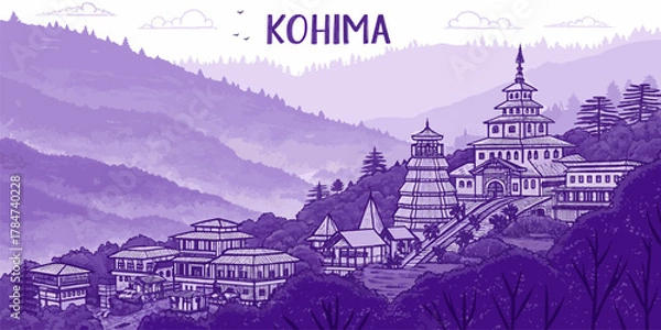 Fototapeta Kohima City Skyline Illustration with Naga Culture and Heritage Landmarks – Perfect for Travel Blogs, Posters, and Tourism Campaigns