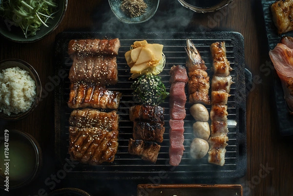 Fototapeta Savoring the Art of Japanese Yakitori Grilling Delicious Meats and Seafood Over an Open Flame