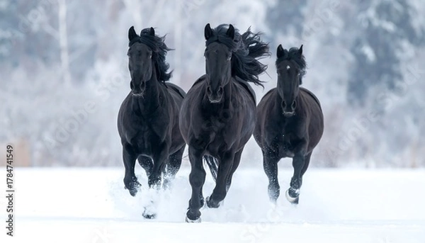 Fototapeta Three sleek black horses gallop through a snowy field, plumes waving, trees blurred in the background