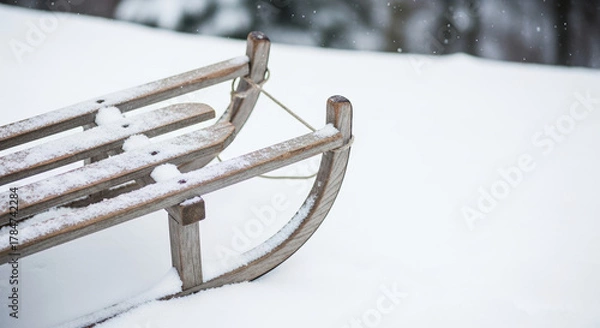 Fototapeta Vintage wooden toboggan on snowy surface, snow clinging to wooden planks. Classic toboggan suggests winter fun and childhood memories, evoking feelings of nostalgia.