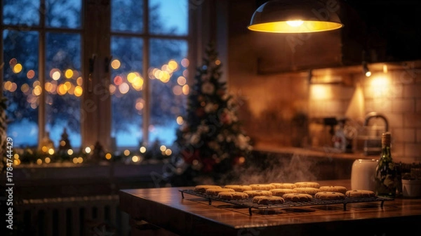 Fototapeta Warm kitchen scene featuring freshly baked cookies cooling on a wooden countertop, illuminated by soft lighting, with a festive atmosphere and holiday decorations in the background