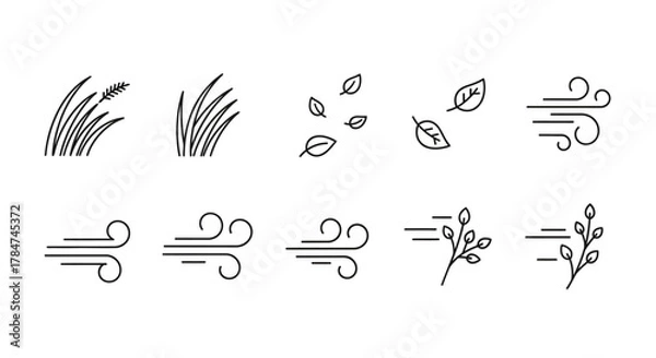 Fototapeta Collection of line art icons depicting wind and nature elements such as leaves and grass