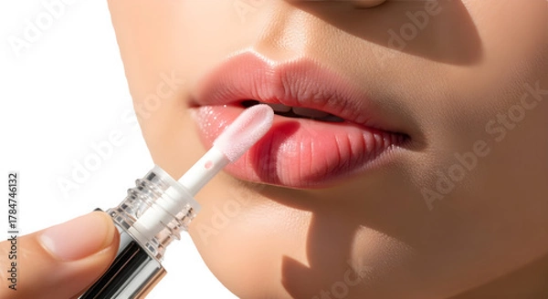 Fototapeta Close up of attractive woman applying shiny moisturizing lip gloss for cosmetic advertising isolated PNG with Transparent Background
