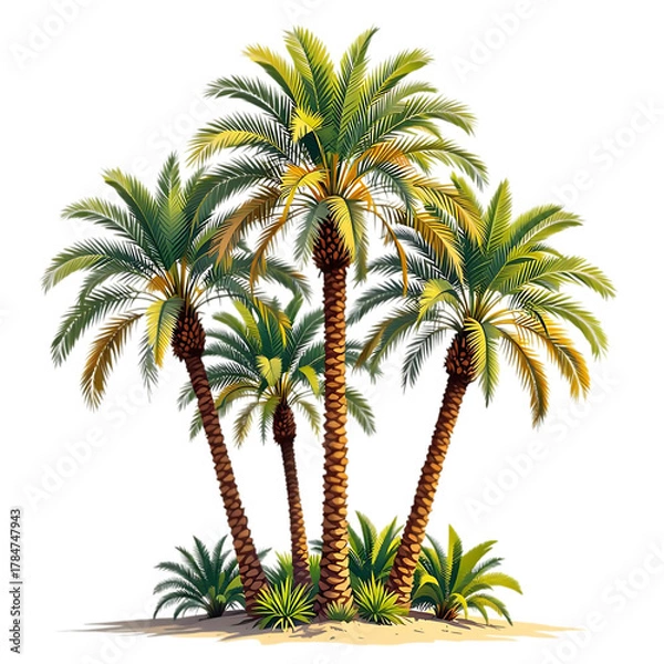 Obraz Vibrant palm trees against a stark black background